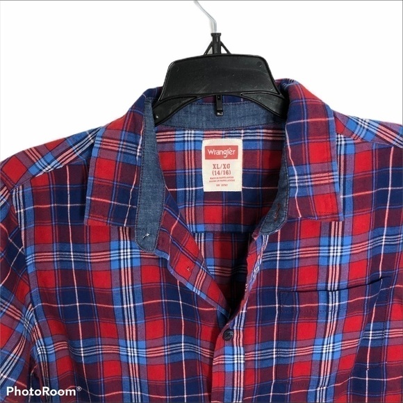 Wrangler Boys Plaid Button Down Shirt XL Red Blue Kids Collared Country Western - Picture 2 of 4